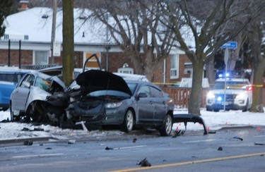 Two cars were mangled in a deadly early morning crash in Scarborough. One man, whose car was nearly cut in half after slamming into a tree, was killed while the other driver was uninjured in the collision on Brimley Rd., north of Eglinton Ave. E., on Feb. 2, 2017. (Chris Doucette/Toronto Sun)