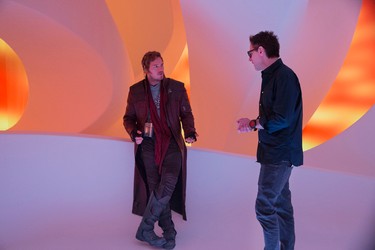 Chris Pratt (Star-Lord) and Director James Gunn on the set of Marvel's Guardians Of The Galaxy Vol. 2. (Marvel Studios)