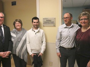BRUCE BELL/THE INTELLIGENCER
Organizers of the Medigas Celebrity Classic golf tournament were at Belleville General Hospital on Thursday to unveil the plaque outside the pulmonary function test room, honouring the event’s contributions to the hospital. Pictured (from left) are Jack Miller, Gloria-Anne Richards, Colin Pine, Randy MacFarlane and Bonnie Sullivan.