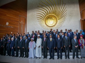 Participants gather for a group photo for the 28th Ordinary Session of the Assembly of the African Union, in Addis Ababa, Ethiopia, Monday, Jan. 30, 2017. The U.N. Secretary General Antonio Guterres on Monday commended African countries for opening their borders to refugees and people fleeing violence.(AP Photo/Mulugeta Ayene