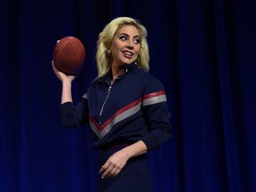 Lady Gaga meets with the press during the Super Bowl LI Pepsi Zero Sugar Halftime Show Press Conference at the George R. Brown Convention Center on Feb. 2, 2017 in Houston. (AFP PHOTO/TIMOTHY A. CLARY)