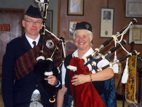 Bagpipers Father Chris Gillespie and Dodie Gallerno prepare to perform at a Robbie Burns Night fundraiser held on Saturday at the Knights of Columbus Hall. The fundraiser helped raise funds for three charitable causes.