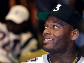 Patriots tight end Martellus Bennett talks to the media during an availability for NFL Super Bowl 51 in Houston on Thursday, Feb. 2, 2017. (Charlie Riedel/AP Photo)