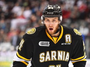 Sarnia Sting defenceman Kevin Spinozzi has been suspended for 10 games by the Ontario Hockey League. The 20-year-old blueliner was handed a five-minute major and a game misconduct for a hit on Saginaw Spirit rookie Damien Giroux this past Sunday, and now he won't be eligible to return until Feb. 25. (Aaron Bell/OHL Images)