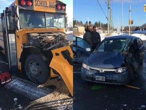 Former Ontario ombudsman André Marin tweeted these photos of a crash involving a schoolbus Friday morning. One student was slightly hurt. (ANDRÉ MARIN VIA TWITTER)