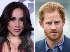 This combination of file photos created in London on November 8, 2016, shows Meghan Markle (L) as she poses on arrival for the GQ Men of the Year Party in Hollywood, California, on November 13, 2012, and Britain's Prince Harry as he arrives at Lord's cricket ground in London on October 7, 2016. (JUSTIN TALLIS/AFP/Getty Images)