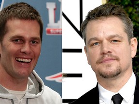 New England Patriots Quarterback Tom Brady and Matt Damon are seen in this combination file photo. (Bob Levey/Frazer Harrison/Getty Images)