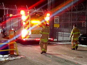 Firefighters were called to the Elgin-Middlesex Detention Centre Thursday night after materials in a jail cell were set ablaze. One guard had minor injuries. DALE CARRUTHERS/THE LONDON FREE PRESS