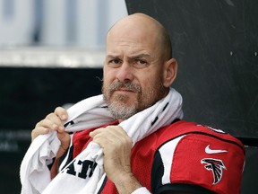 In this Dec. 11, 2016, file photo, Atlanta Falcons kicker Matt Bryant sits on the sidelines during the first half of an NFL football game against the Los Angeles Rams in Los Angeles. (AP Photo/Rick Scuteri, File)