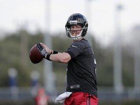 Matt Ryan of the Atlanta Falcons looks to pass during a Super Bowl LI practice on Feb. 1, 2017 in Houston. (Tim Warner/Getty Images)