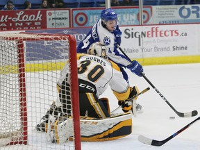 Chandler Yakimowicz of the Sudbury Wolves puts the puck past Aidan Hughes of the Sarnia Sting during OHL action at the Sudbury Community Arena in Sudbury, Ont. on Friday February 3, 2017. (John Lappa, Postmedia News)