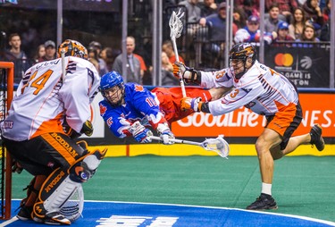 Toronto Rock Turner Evans during 1st half action against Buffalo Bandits David Brock and goalie Anthony Cosmo at the Air Canada Centre in Toronto, Ont. on Friday February 3, 2017. Ernest Doroszuk/Toronto Sun/Postmedia Network