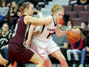 Carleton star guard Catherine Traer takes the ball into Ottawa's zone during the 11th Annual Capital Hoops Classic at CTC on Feb 3, 2017. (Julie Oliver/Postmedia)