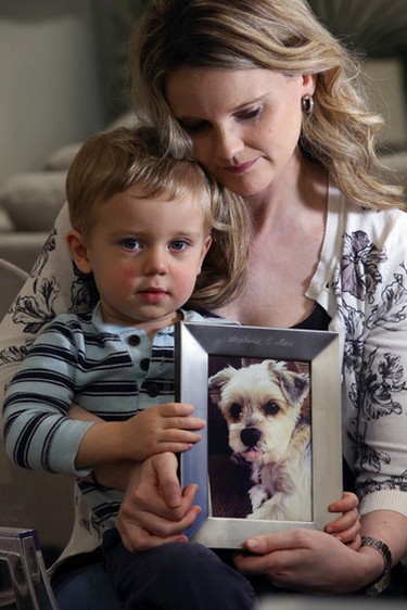 Stephanie Simonik, 33, and son Nicholas hold a photo of their beloved dog Dexter who was killed earlier this week by a coyote in their backyard in Mississauga. Friday February 3, 2017. (Stan Behal/Toronto Sun)