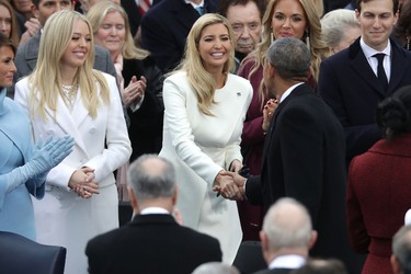 (L-R) Melania Trump, Tiffany Trump, Ivanka Trump, Vanessa Trump and Jared Kushner greet U.S. President Barack Obama as he arrives for the inauguration of U.S. President-elect Donald Trump on the West Front of the U.S. Capitol on Jan. 20, 2017 in Washington, D.C. (Chip Somodevilla/Getty Images)