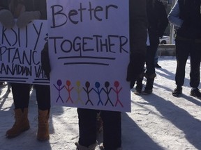 Western University student Olivia Amaral was among 150 protesters at a Saturday rally against Islamophobia. (PATRICK MALONEY, The London Free Press)