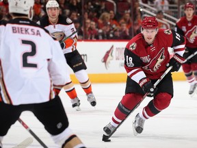 Shane Doan of the Arizona Coyotes skates with the puck during an NHL game against the Anaheim Ducks at Gila River Arena on Jan. 14, 2017. (Christian Petersen/Getty Images)
