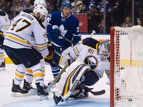 Buffalo Sabres goalie Robin Lehner looks back after being scored on by the Toronto Maple Leafs during an NHL game on Jan. 17, 2017. (THE CANADIAN PRESS/Nathan Denette)
