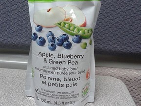 The Canadian Food Inspection Agency is issuing a recall on 128 mL pouches of PC Organics Apple, Blueberry & Green Pea strained baby food because it may permit the growth of Clostridium botulinum.