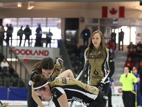 Skip Rachel Homan watches her stone come into the house during her team’s semifinal game against Cathy Auld at the Scotties Tournament of Hearts in Cobourg yesterday. Homan won 9-3 to advance to Sunday’s final. (Pete Fisher/Postmedia Network)