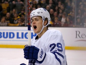 Toronto Maple Leafs centre William Nylander celebrates after scoring a goal during an NHL game against the Boston Bruins on Feb. 4, 2017. (AP Photo/Mary Schwalm)