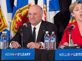 Kellie Leitch, right, and Kevin O'Leary participate in the Conservative leadership candidates' debate, in Halifax on Saturday, Feb. 4, 2017. Conservatives vote for a new party leader on May 27, 2017. THE CANADIAN PRESS/Andrew Vaughan
