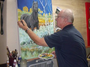 Painter Craig Brookbush has been drawn to creative expression all his life, starting as soon as he could hold a pencil or brush. He works in all mediums, from oils, acrylics, watercolour, wood, leather and metal. When Bonnie saw this painting, Craig turned to her and smiled, saying, “These horses offer love and understanding to us.”  Bonnie Kogos/For he Sudbury Star