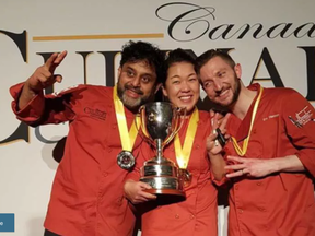 Ottawa chef Joe Thottungal, left, took silver Saturday night at the Canadian Culinary Championshups in Kelowna, B.C. Champion The new Champion Chef Jinhee Lee of Foreign Concept in Calgary is to his left, while the bronze-winning chef was Eric Hanson from Prairie Noodle Shop in Edmonton.