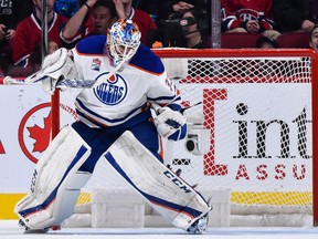 Cam Talbot of the Edmonton Oilers reacts after making a save in a shootout during the NHL game against the Montreal Canadiens at the Bell Centre on February 5, 2017 in Montreal.