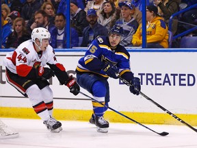 Blues forward Robby Fabbri (right) is out with an ACL injury for the rest of the season. (Billy Hurst/AP Photo/Files)