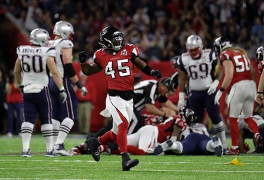 Atlanta Falcons' Deion Jones (45) celebrates after Robert Alford recovers a fumble during the first half of the NFL Super Bowl 51 football game against the New England Patriots Sunday, Feb. 5, 2017, in Houston. (AP Photo/Eric Gay) ORG XMIT: NFL166