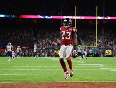 Atlanta Falcons' Robert Alford celebrates after scoring a touchdown during the first half of the NFL Super Bowl 51 football game against the New England Patriots, Sunday, Feb. 5, 2017, in Houston. (AP Photo/Elise Amendola) ORG XMIT: NFL198