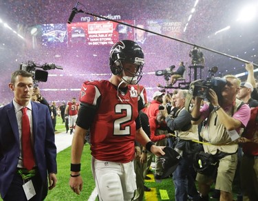 Atlanta Falcons' Matt Ryan leaves the field after their overtime loss to the New England Patriots in the NFL Super Bowl 51 football game Sunday, Feb. 5, 2017, in Houston. (AP Photo/Tony Gutierrez) ORG XMIT: NFL375
