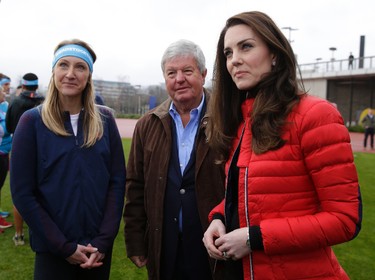 Kate Duchess of Cambridge, right and athlete Paula Radcliffe, left,  look on, during a training event to promote the charity Heads Together, at the Queen Elizabeth II Park in London, Sunday, Feb. 5, 2017. (AP Photo/Alastair Grant, Pool)