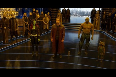Gamora, Star-Lord (Peter Quill), Baby Groot, Drax the Destroyer and Rocket Raccoon in a scene from Guardians of the Galaxy Vol. 2. (Marvel Studios)