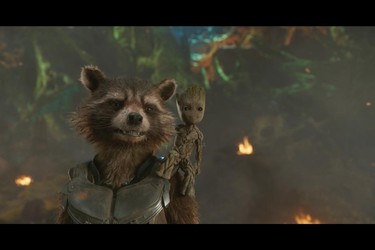 Rocket Raccoon and Baby Groot in a scene from Marvel's Guardians of the Galaxy Vol. 2. (Marvel Studios)