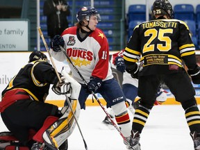 Rory Milne (16) scored the first of five unanswered goals by the Wellington Dukes Sunday in Aurora. (Amy Deroche/OJHL Images)