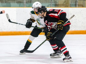 Gananoque Islanders rookie forward Ty Norman, right, seen here playing against the Amherstview Jets earlier this season, extended his consecutive-game point streak to eight after scoring a goal in Gan's 5-2 win over the Jets on Friday. Norman, 16, has eight goals and 14 points in that stretch. (The Whig-Standard)