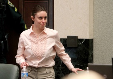 Casey Anthony smiles as she returns to the defence table after being acquitted of murder charges at the Orange County Courthouse on July 5, 2011 in Orlando, Fla.  (Photo by Red Huber-Pool/Getty Images)