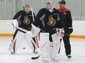 It is unclear if goalie, Mike Condon (left) or Andrew Hammond will suit up for the Senators Tuesday night against the Blues. Condon has appeared in 27 consecutive games.