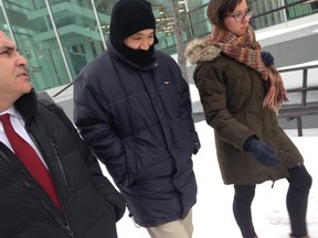 Will Baker leaves the Winnipeg Law Courts on Monday, Feb, 6, 2017, with his lawyer and a member of his treatment team. (TOM BRODBECK/Winnipeg Sun/Postmedia Network)