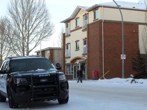Homicide detectives are investigating homicide in an apartment building at 10119 151 St. in Edmonton Sunday, Feb. 5, 2017. Police discovered the body of a man believed to be in his 60s inside a suite, at about 4:50 a.m. on Sunday.