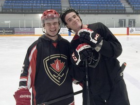 Photo supplied
Brothers Riley, left, and Liam Dunda ham it up for the camera during a break in a game of shinny in August 2015. Riley, a former Sudbury Wolves draft pick, suffered a serious stroke in May 2014, but played his first game since the stroke last month. Liam, who now plays for the Wolves, has been Riley's friend and supporter throughout his journey.