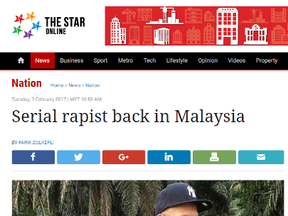 A screengrab of The Malaysian Star, where serial rapist Selva Subbiah is featured, after he arrives back to his birthplace on Tuesday, February 7, 2017. (Malaysian Star)