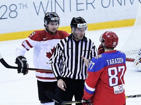Former Belleville Bulls captain Brett Welychka of CIS Team Canada awaits a faceoff in a men's hockey semi-final against Russia on Tuesday at the 2017 World University Winter Games in Almaty, Kazakhstan. (Almaty 2017 photo)