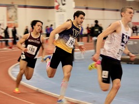 Laurentian's Michael Petta (middle) follows Sudbury native and Western runner Brendan Costello in the 600-metre race at the York Open last weekend. Dick Moss/For The Sudbury Star
