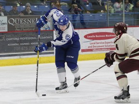 Dmitry Sokolov, left, of the Sudbury Wolves, attempts to skate around Matthew Timms, of the Peterborough Petes, during OHL action at the Sudbury Community Arena in Sudbury, Ont. on Friday January 27, 2017. Sokolov, who has 13 goals in his last 13 games, leads the Wolves against the Petes in Peterborough on Thursday night. John Lappa/Sudbury Star/Postmedia Network