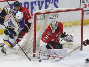 Blues forward Magnus Paajarvi (65) tries to score on Senators goaltender Andrew Hammond during second period NHL action in Ottawa on Tuesday, Feb. 7, 2017. (Tony Caldwell/Postmedia Network)