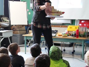 Farm Safety Centre’s Safety Smarts instructor Carol Senz speaks to Millet School students about the importance of protecting their hearing on the farm Jan. 31.