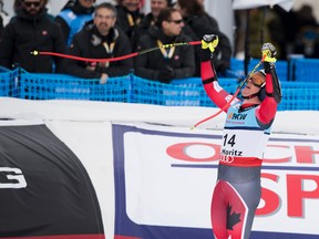 Erik Guay of Canada reacts in the finish area during the men’s super-G race at the World Championships in St. Moritz, Switzerland, Wednesday, Feb. 8, 2017. (Alexandra Wey/Keystone via AP)